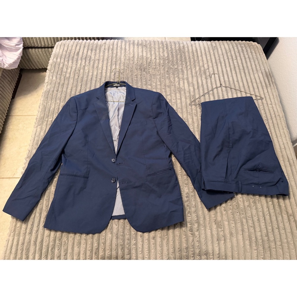 Express Mens Slim Fit 2 Piece Suit Navy Blue 42S Jacket 34x30 Pants Blazer Set